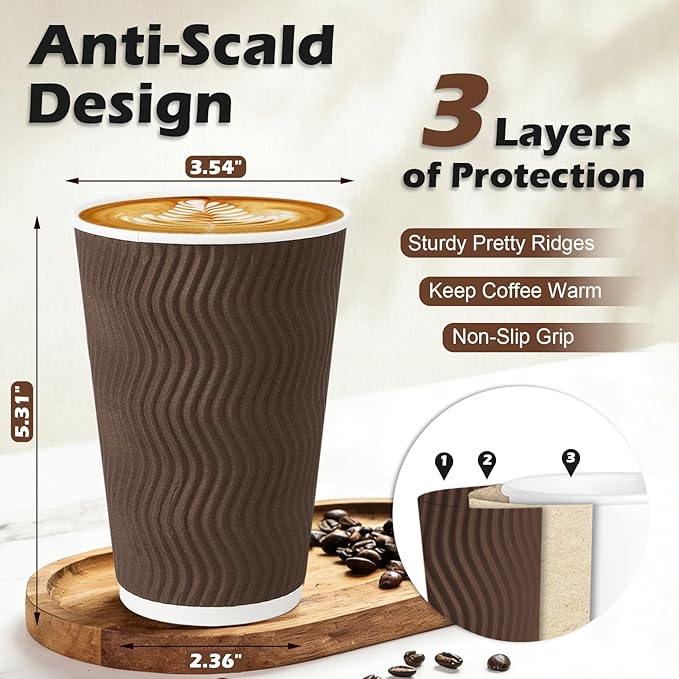 500 Pack 16 oz Disposable Coffee Cups No Lids, Insulated Ripple Wall Paper Coffee Cups 16oz for Hot Chocolate Tea Home Travel Office (Brown)