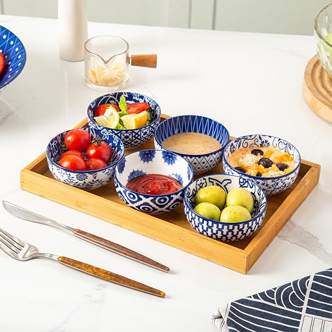 Ceramic Dipping Bowls Set - Mini 4 Oz Dessert Bowls - Small 3.5 Inch Porcelain Bowls for Side Dishes, Snack, Yogurt, Appetizer - Microwave Dishwasher Safe - Set of 6 - Vintage Blue