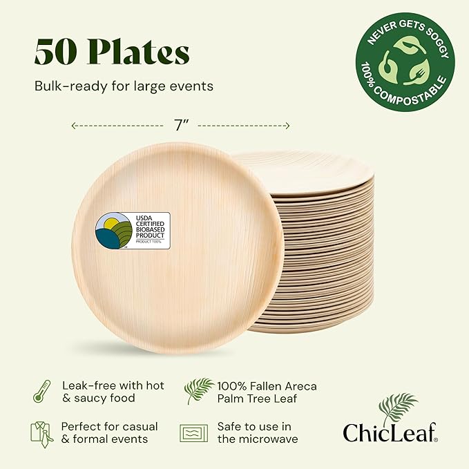 Chic Leaf 7 Inch Palm Leaf Plates - Heavy Duty Disposable Party Tableware - Bamboo Style Round Saucers for Wedding Appetizers, Winter Events & Upscale Look for Valentine’s Meal (50 Pack)