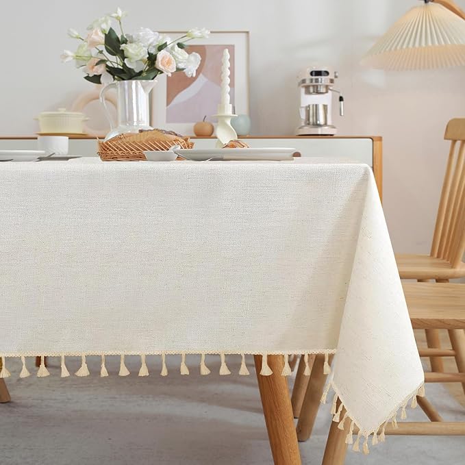 JIALE Textured Tablecloths, Heavy Duty Cotton Linen Farmhouse Table Cloth Rectangle Table, Waterproof Wrinkle-Free Rectangle Tablecloth for Kitchen, Dining, Parties, 55"x55", Ivory