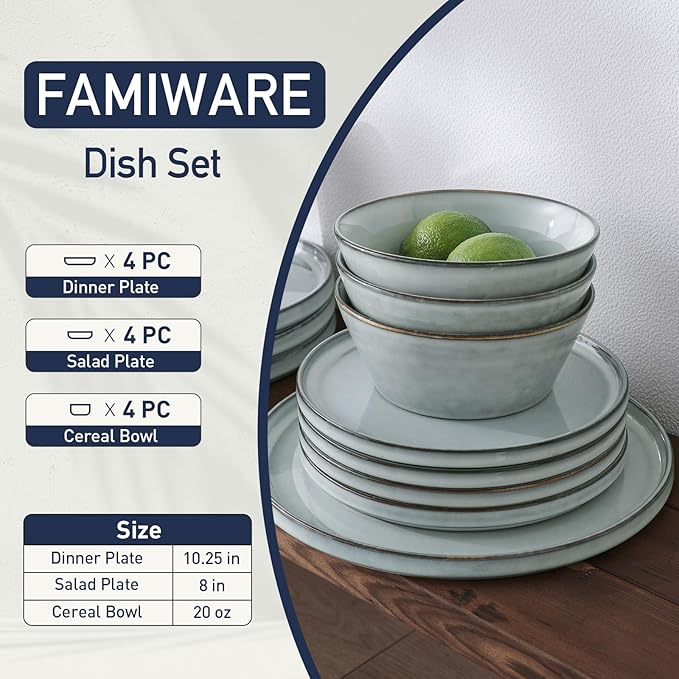 Famiware Annecy Plates and Bowls Sets, Stoneware Dinnerware Sets for 4, 12 Pieces Dish Set with Lipped Edges, Chip and Scratch Resistant, Microwave and Dishwasher Safe, Grey-Blue