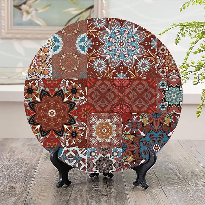 Decorative Plates, Victorian Print Ornament, Classic Victorian Floral Authentic Motives and Ethnic, 8 Inch, 1 Plate with 1 Display Stand, Multicolor