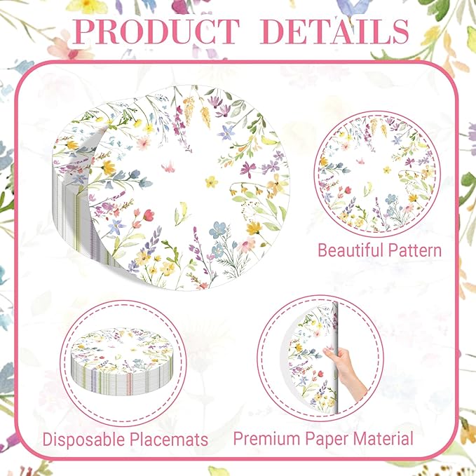 50PCS Floral Disposable Paper Placemats 13.5 Inch Flowers Placemats Pastel Watercolor Round Table Mats for Spring Weddings, Brunch & Garden Parties