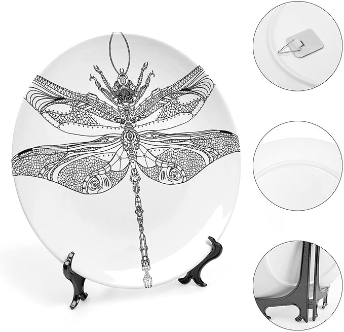 Ceramic Plates, Abstract Decorative Ceramic Plates, Animal Steampunk Dragonfly Pattern, 8 Inch, for Dining, Parties, Wedding, Black White