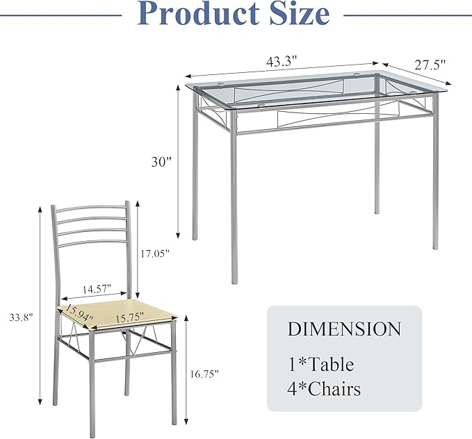 VECELO Dining Table Set for 4, 5-Piece Glass Kitchen Table with Chairs for Small Space, Breakfast Nook, Space-Saving, Silver