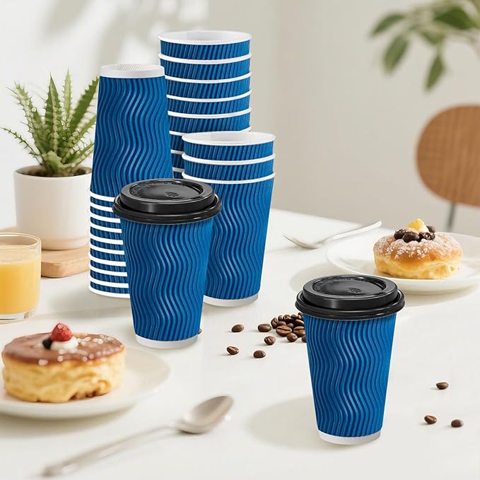 500 Pack Coffee Cups with Lids 16oz, Disposable Insulated Ripple Wall To Go Paper Coffee Cups for Hot/Cold Drinks Office Home Shop Event (Navy)