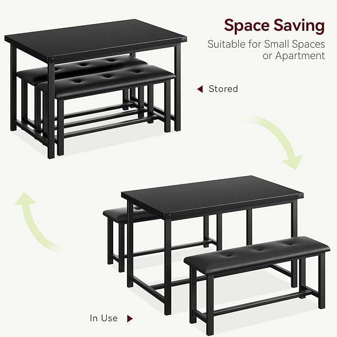 Garvee Dining Table with 2 Benches, Kitchen Table with 2 Upholstered Benches, 3 Piece Dining Table Set Space Saving for Apartment, Kitchen, 44.48" l x 27.58" w x 29.58" h, Black