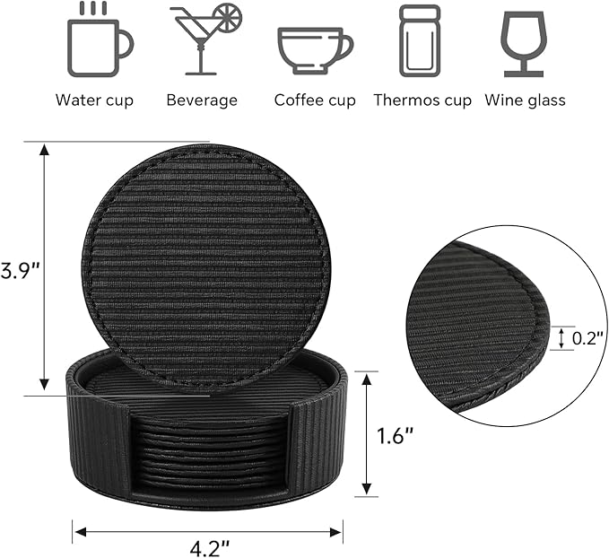 6 Pcs Premium Leather Coasters with Holder, Tabletop Protection, Coffee Table & Bar Decoration, Modern-Style Drink Coasters Suitable for Home Dining Tables & Kitchen Accessories (Black Stripe)