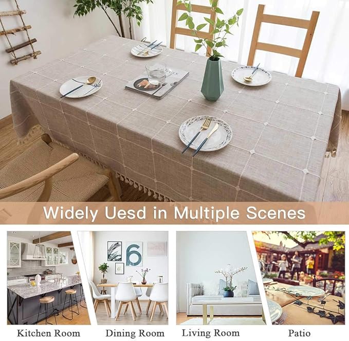 Deep Dream Tablecloths, Embroidered Waterproof Checkered Table Cloth Cotton Linen Wrinkle Free Anti-Fading Table Cover Decoration for Kitchen Dinning Party Christmas, 55 x 55 Inch - Light Brown