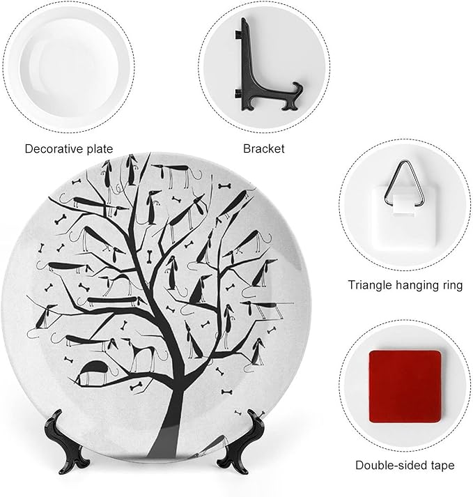 Decorative Plates, Abstract Print Ornament, Monochrome Autumn Season Tree with Dog on The Branches, 6 Inch, Kitchen Wall Decor, Black and White
