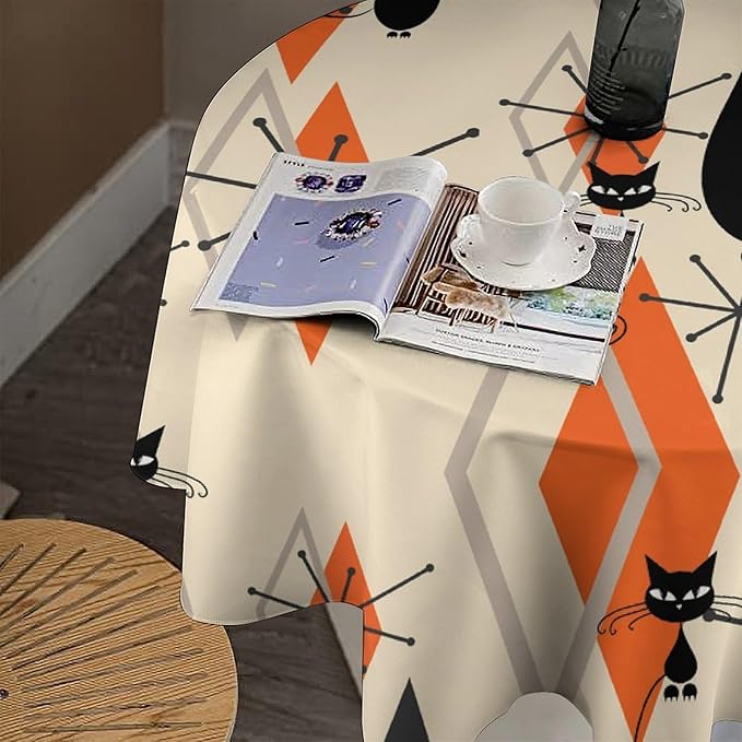 Retro Boho Modern Black Cat Round Tablecloth, Mid Century Boho Moon Abstract Geometric Leaf 50s 60s Style Tablecloth for Home Party Dining Room Kitchen Decor 50Inch(127cm)
