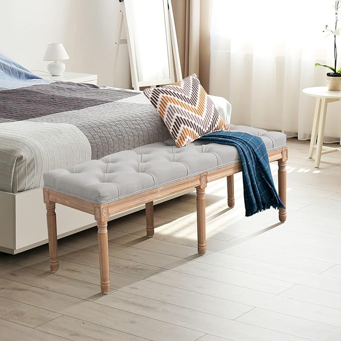 Bonzy Home 47” Bedroom Bench,French Vintage Tufted Entryway Benches Upholstered Dining Benches with Cushion,Linen Fabric End of Bed Bench for Bedroom Living Room Entryway, Gray