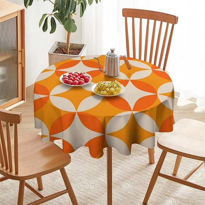 Retro Mid Century Round Tablecloth, Abstract Geometric Mid Century Colorful Pattern Print Tablecloth for Home Party Dining Room Kitchen Decor 70Inch(178cm)