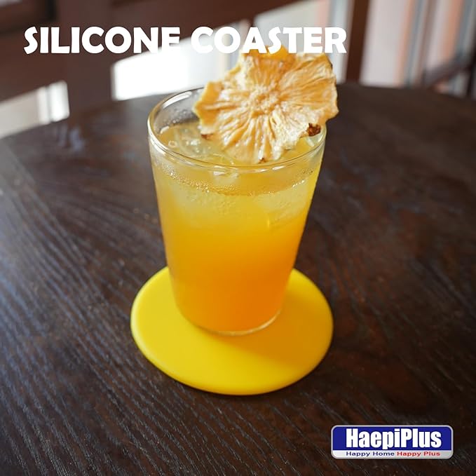 6 Pieces Silicone Coasters, Round Shape Hot Cup Mat for Drinks, Heat Resistant Glass Cushion, Coffee Coaster for Table, Desk, Kitchen, Office, Bar Protection (Yellow)