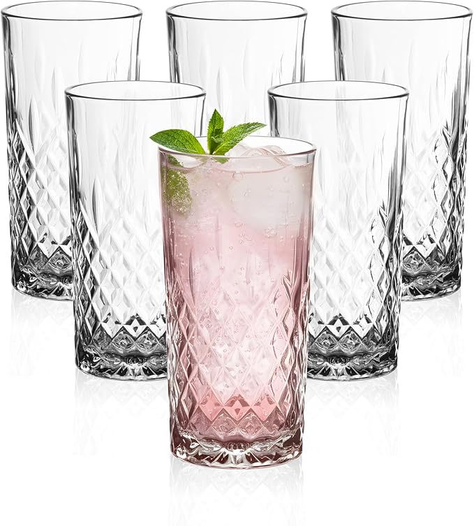 Vikko Drinking Glass, Set of 6 Crystal Style Tall Beverage Glasses, 12.25 Ounce Old Fashioned Highball Glasses, Dishwasher Safe Textured Collins Glass
