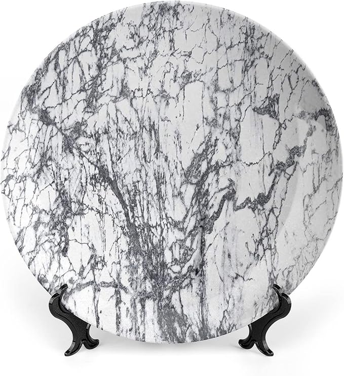 Ceramic Plates, Abstract Decorative Ceramic Plates, Murky Marble Rock Motifs Dynamic Fractal, 10 Inch, Household Plates Decorative, Grey White