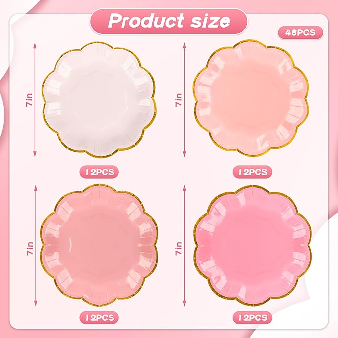 Pink Party Plates Gradient Pink Dessert Paper Plates 7inch Gold Foil Scalloped Edge Disposable Cake Plates for Valentines Day Birthday Bridal Baby Shower Wedding Party Supplies (48)