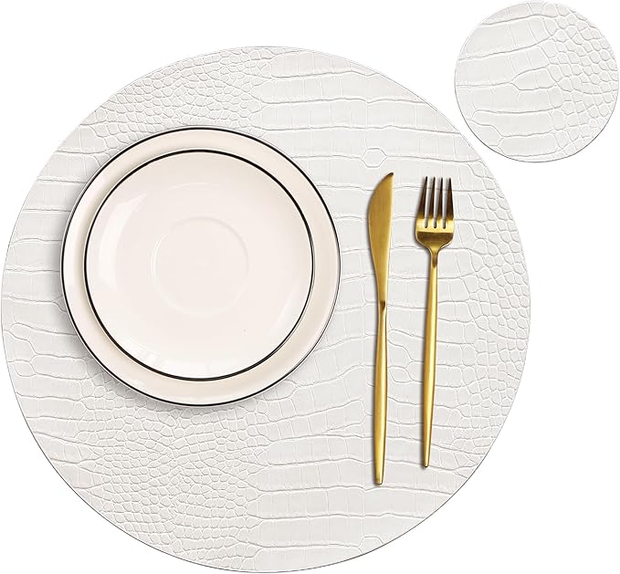 Jovono Round Leather Placemats for Round Tables Set of 8, White Place Mats and Coasters, Wipeable Waterproof Heat Resistant Table Mats Easy to Care for Indoor Decor 14 inch Diameter