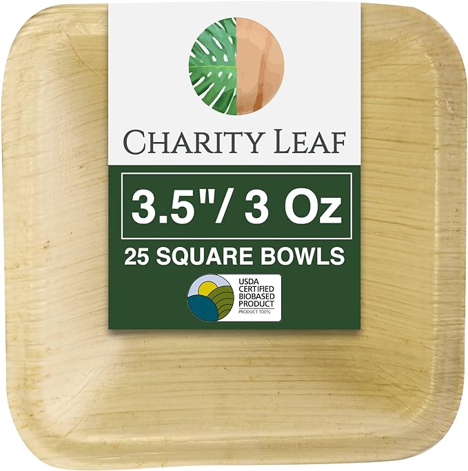 Charity Leaf Disposable Palm Leaf 3.5" Square Mini Bowl (25 pcs) Dipping Bowls | Bamboo Like| All Natural and Biodegradable | Charcuterie Boards, BBQs, and Parties