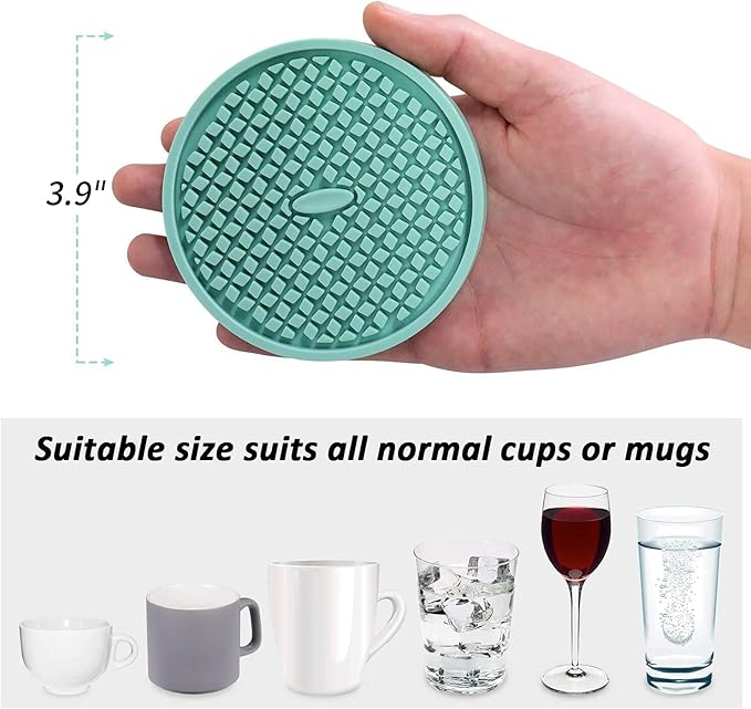 ME.FAN Silicone Coasters [6 Pack] Thickened Drink Coasters with Holder - Cup Mat - Non-Slip, Non-stick, Stay Put, Deep Tray - Prevents Furniture and Tabletop Damages(Teal Blue)