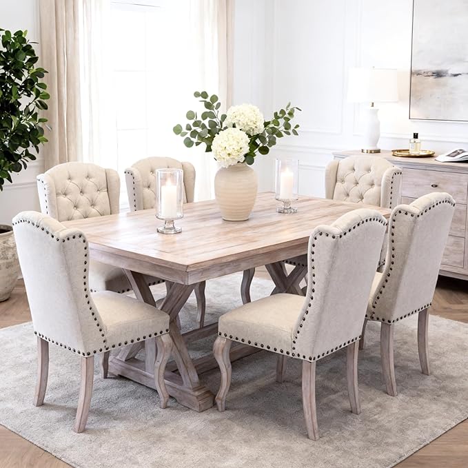 chairus Tufted Parsons Dining Chairs Set of 4, French Country Upholstered Dining Room Chairs with Nailhead Trim & Curved Wood Legs, Farmhouse High Back Armless Side Kitchen Chairs, Beige Linen
