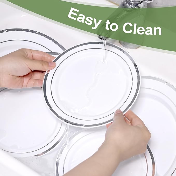 200 PCS Silver Plastic Plates, Silver Disposable Party Plates, Premium Christmas Plastic Plate Include 100 Dinner Platos 10'' and 100 Dessert Platos 7'' Perfect for Birthday, Christmas & Party