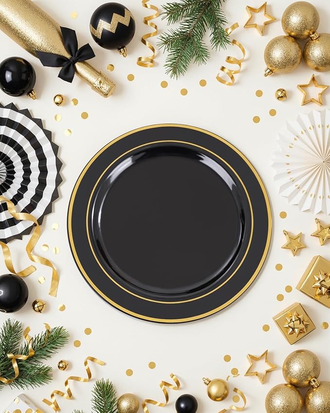 bUCLA 200PCS Black and Gold Plastic Plates - 6.25inch Black with Gold Rim Disposable Dessert/Salad/Appetizer/Small Cake Plates - Ideal for Party & New Year