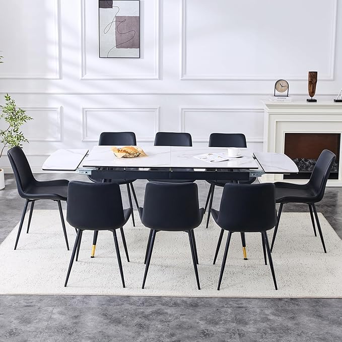 Extendable Dining Table Set for 8, 55'' to 78.8'' Rectangular Thickened Sintered Stone Kitchen Table with 8 Upholstered Chairs, Modern Space Saving 9-Piece Dinner Table Set