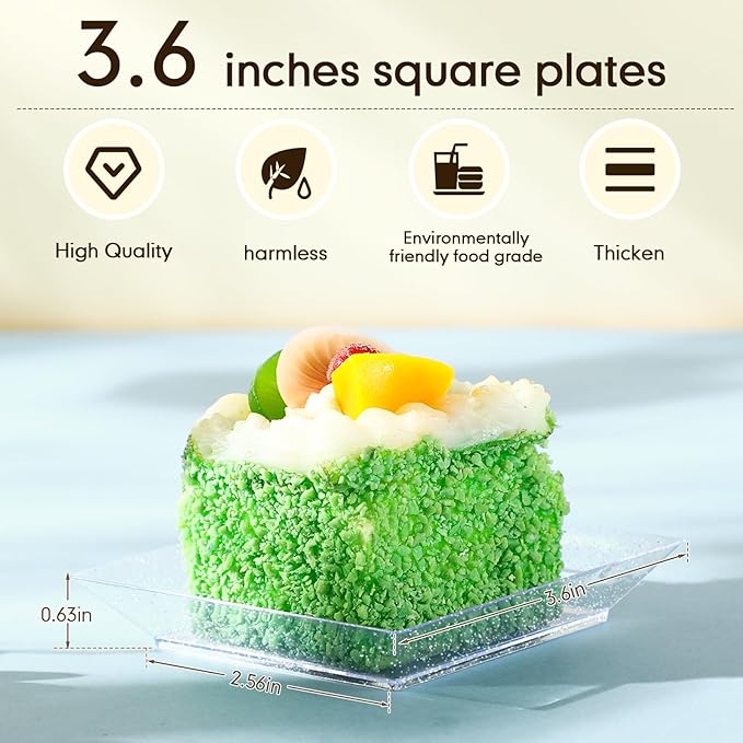 Zhehao 100 Pcs Clear Plastic Dessert Appetizer Plates, 3.6 x 3.6 Inch Disposable Small Square Plastic Dessert Cake Plates for Wedding Cake Appetizer Parties Reception(Silver Clear)