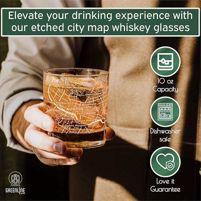 Greenline Goods Whiskey Glasses - 10 Oz Tumbler Gift Set for Austin lovers, Etched with Austin Map | Old Fashioned Rocks Glass - Set of 2