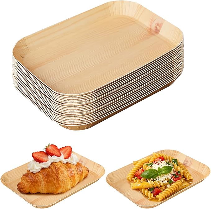 50 Pcs Wood Grain Paper Plates, 6.5 Inch Rectangle Plates, Disposable Rustic Party Plate for Woodland Baby Shower, Camp Fire, Camping, Lumberjack Birthday Party Supplies (S)
