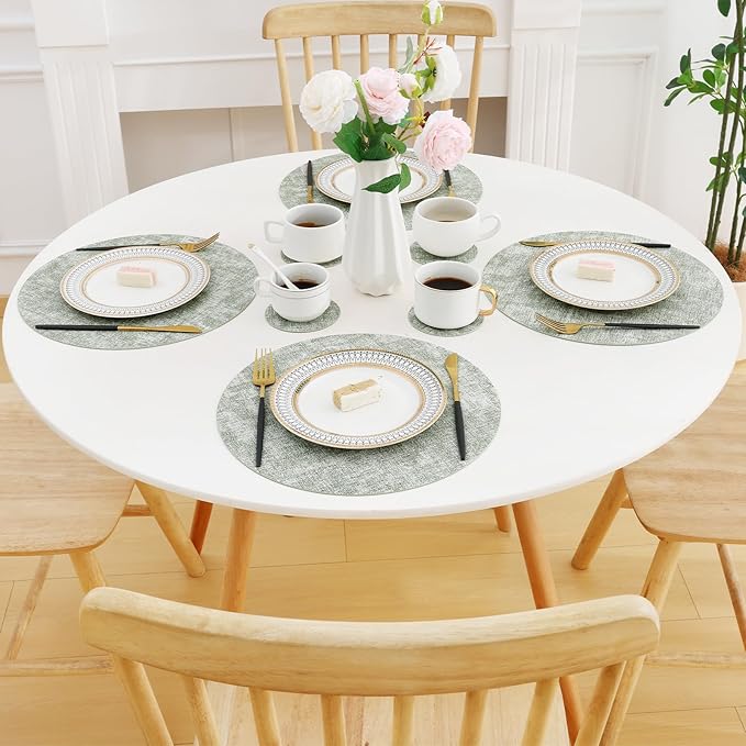 Homaxy Round Faux Leather Placemats and Coasters, Washable Dual-Side Table Mats, Wipeable Heat-Resistant Dining Place Mats for Outdoor and Indoor, Set of 8, Diameter 13 and 3.93 inch, Grass Green
