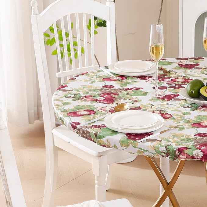 Walrus Round Vinyl Fitted Tablecloth with Flannel Backing Elastic Edge Design Table Cover Waterproof Oil-Proof PVC Table Cloth Stain-Resistant Best for 57"-66" Round