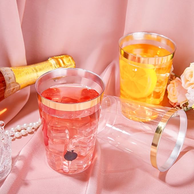 I00000 50 Pack 12 oz Gold Plastic Cups, Gold Rimmed Disposable Cups, Disposable Plastic Wine Glasses Cocktail Glasses Heavy Duty Cup with Golden Rim, 12 Ounce Tumblers for Party & Wedding