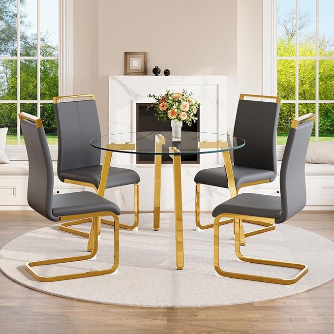 42" Round Glass Dining Table Set for 4,Modern Breakfast Table Set for 4 with Luxury Gold Chrome Legs,Space Saving Kitchen Table and Grey Chairs for Apartment,Easy Assembly
