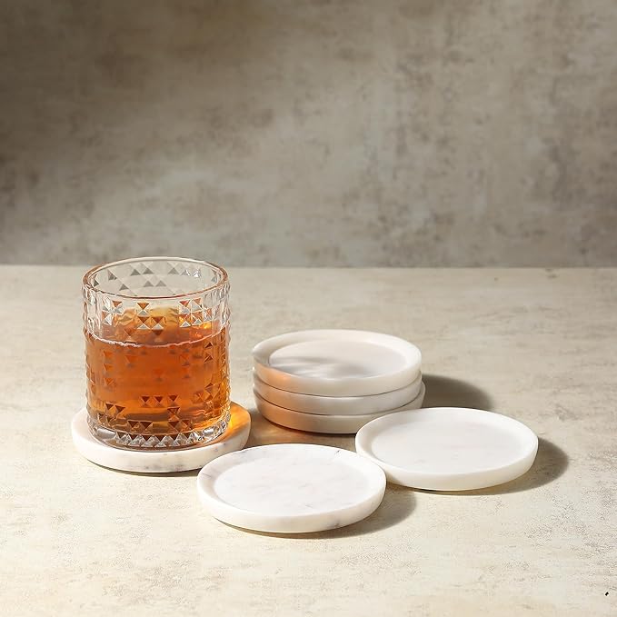 Marble Coasters Set of 6 with Raised Edges | 4 inch Dia | 100% Real Marble Drink Coasters | Modern Home Decor |