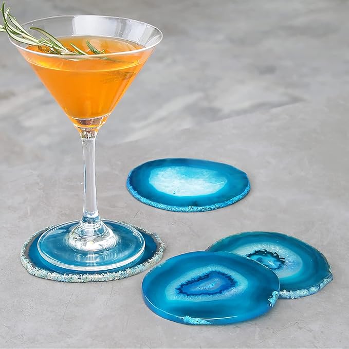 Agate Coaster Set of 4 for Drinks, Stone Coaster for Coffee Table 3.5-4" Geode Coaster Decor for Housewarming, Birthday, (Blue)