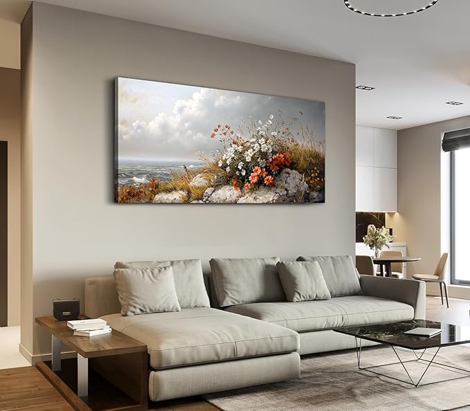 ADJUVANT Wall Art Vintage Coastal Floral Scene 40"L x 20"W, Seaside Wildflowers By The Ocean Canvas Painting Nature Artwork Coastal Blooms Prints Botanic Decor for Living Room Bedroom Bathroom Home Office
