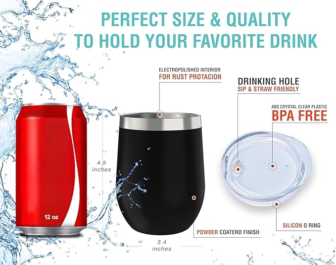 CHILLOUT LIFE 12 oz Stainless Steel Wine Tumbler with Lid - Double Wall Vacuum Insulated Wine Cup Glass Keeping Cold & Hot for Coffee, Champagne, Cocktails, Ice Cream - Powder Coated Black
