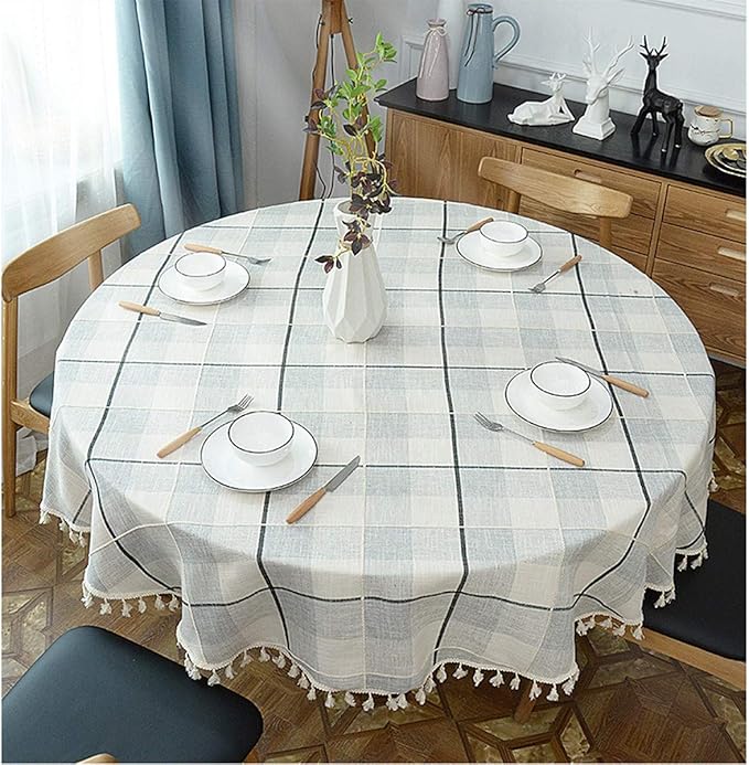Dimatic Heavy Weight Cotton Linen Tablecloth, Plaid Tassel Round Table Cover for Kitchen Dining Room Tabletop Decorations, Round - 63", Grey Check