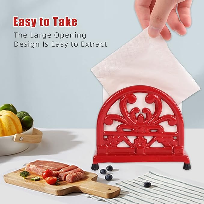Vintage Cast Iron Napkin Holder for Table, Upright Paper Napkins Dispenser for Kitchen Restaurant Cocktail Bar with Red Flower Pattern Decor