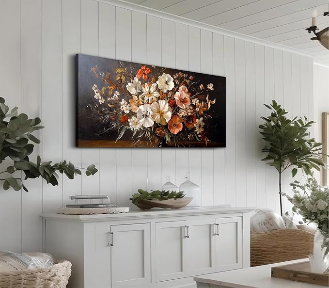 ADJUVANT Wall Art Vintage Floral Bouquet in Vase 60"L x 30"W, Flowers Canvas Painting Botanic Artwork Retro Blossoms Prints Graceful Floral Wall Decor for Living Room Bedroom Dining Room Home Office
