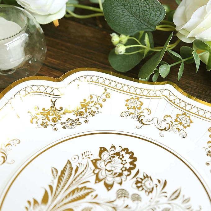 50 Pack 10" White Gold French Toile Dinner Plates, Disposable Round Paper Party Plates 300 GSM for Festive Table Decoration