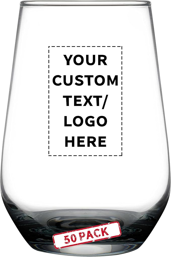 DISCOUNT PROMOS 50 Vaso Silicia Stemless Wine Glasses Set, 16 oz. - Personalized Text, Logo - Clear, Orb-Like, Thick base - Black
