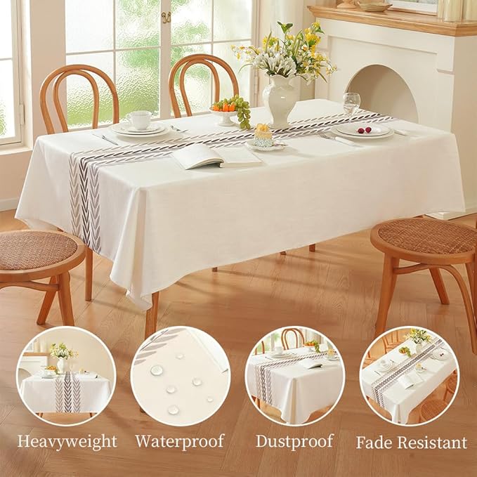 Zobesta Linen Table Cloth Rectangle Table 120 x 53 Inch, White Table Cover Heavy Weight Washable Farmhouse Soft Boho Tablecloth Rectangular for Outdoor, Kitchen