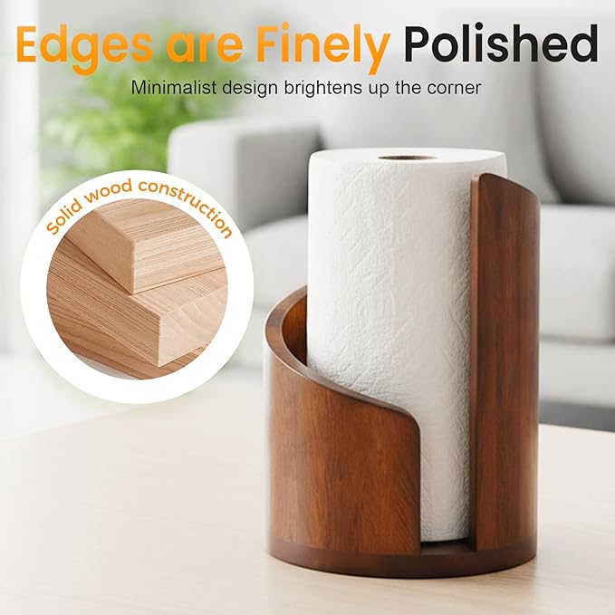 Mountain Paper Towel Holder Countertop, 2026 Upgrade 100% Natural Mango Wood Round Base and Iron Holder, Wooden Paper Towel Holder for Kitchen Roll Organize Dining Table Home Decor (Brown)
