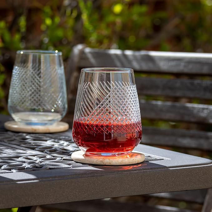 Rolf Glass Bourbon Street Stemless Wine Glass | Set of 2 | 15.75 Ounce Stemless Tumblers | Lead-Free Glass | Diamond-Wheel Engraved and Polished Glassware | Modern Luxury Glassware