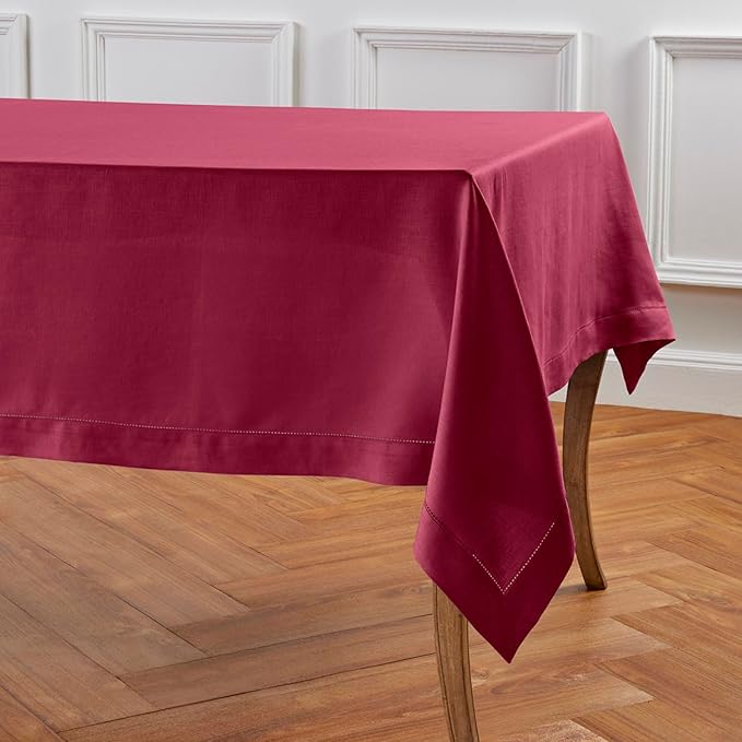 Solino Home Linen Beet Tablecloth 60 x 132 Inch - Classic Hemstitch, 100% Pure Linen Rectangular Tablecloth - Machine Washable Table Cloth for Valentines, Easter