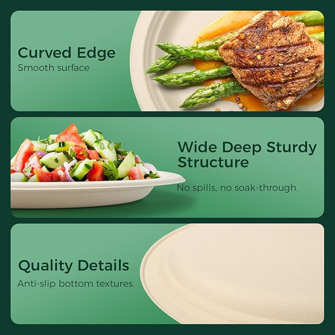 100% Compostable Plates - 125-Count Heavy Duty, Biodegradable Bagasse Plates - Eco Friendly and Sustainable (Natural, 7 inch)