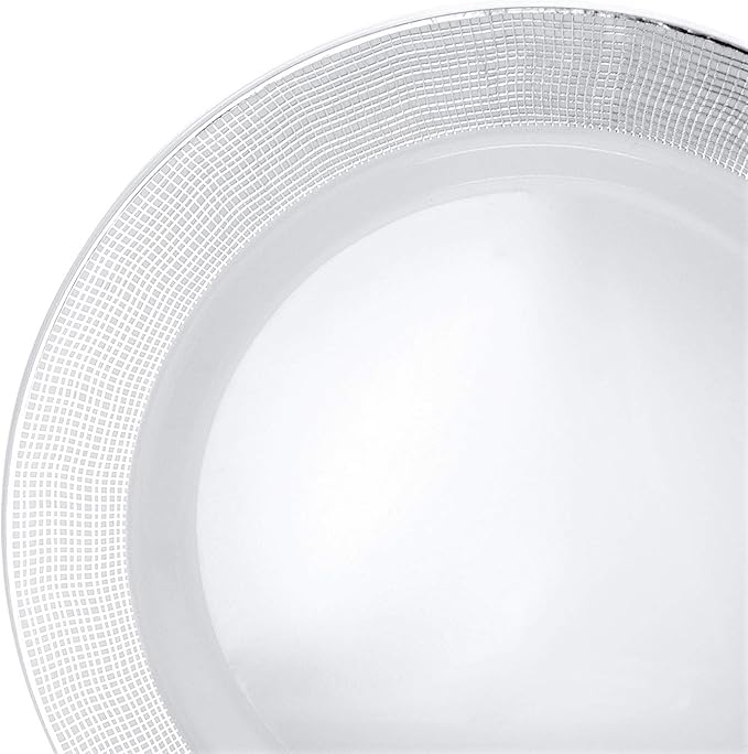 OCCASIONS 240 Plates Pack,(120 Guests) Heavyweight Premium Wedding Party Disposable Plastic Plates Set -120 x 10.5'' Dinner + 120 x 7.5'' Salad/Dessert (Linen White & Silver)